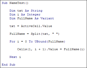 Excel VBA code showing how to use the Split function 