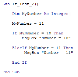 Excel VBA code demonstrating an ElseIf Statement