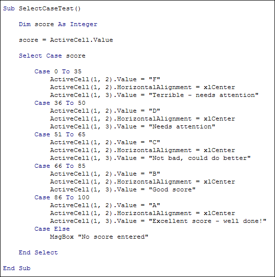 Excel VBA code demonstrating Select Case