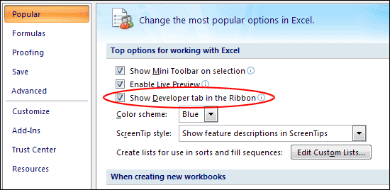 Excel 2007 Options > the Popular tab