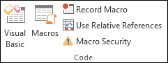 The Code panel on the Developer toolbar in Excel