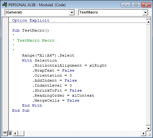 VBA code recorded by Excel