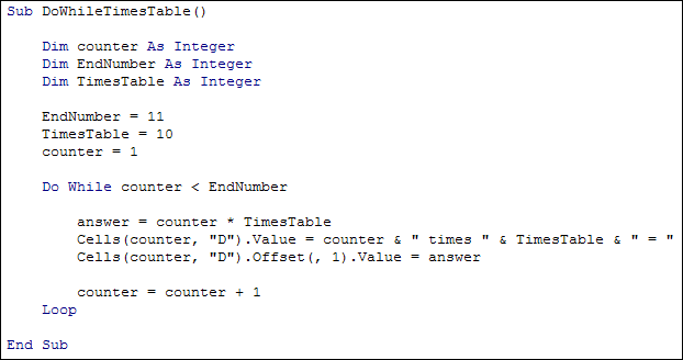 An Excel VBA  times table programme using a Do loop