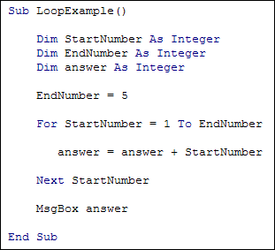 Excel VBA code showing a For loop
