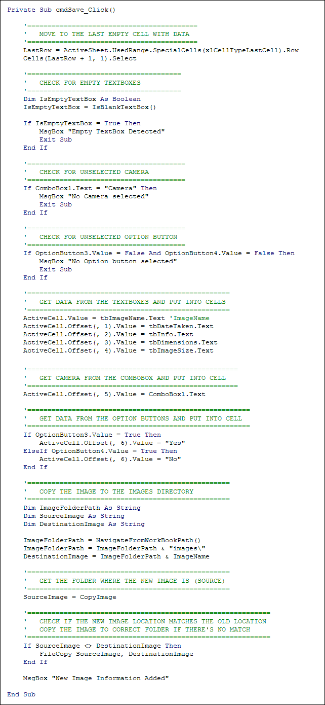 Excel VBA code to save User Form information to a spreadsheet