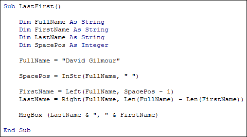 Excel VBA code to reverse a first name and last name