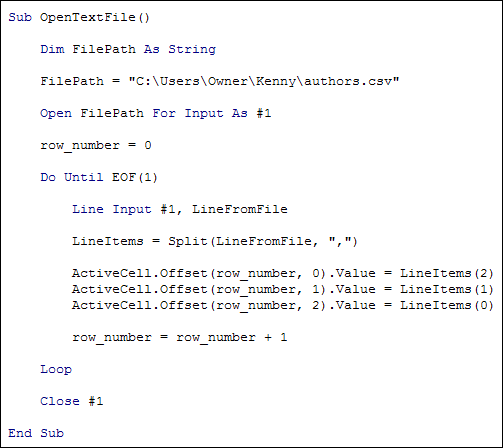 Excel code to open a CSV file