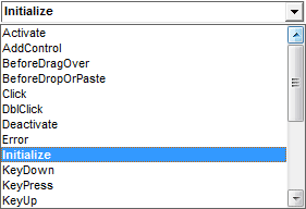 Drop down list of VBA Events