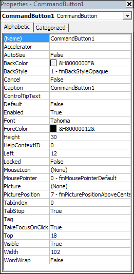 The Properties area for a button
