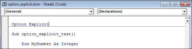 The General Declarations area in Excel VBA